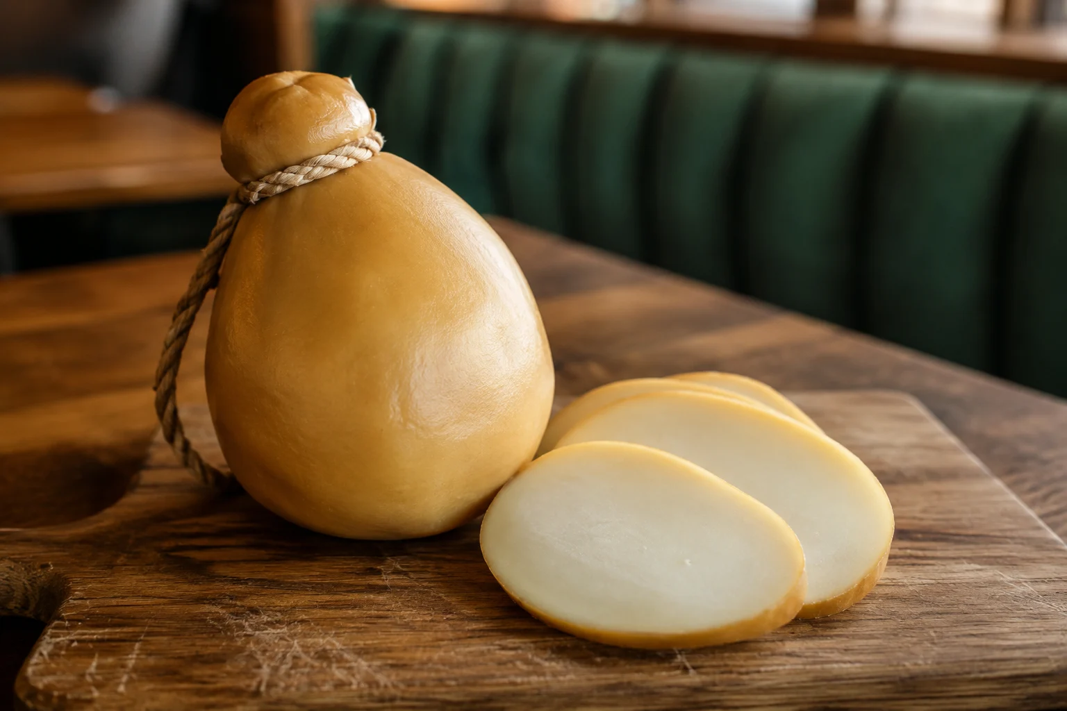 Scamorza fumée sur planche en bois, tranche fondante et coloration dorée