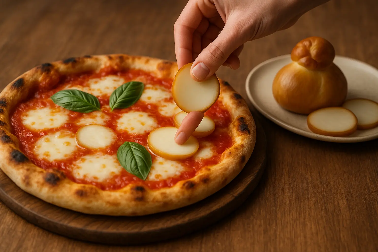 Scamorza fumée sur planche en bois, tranche fondante et coloration dorée