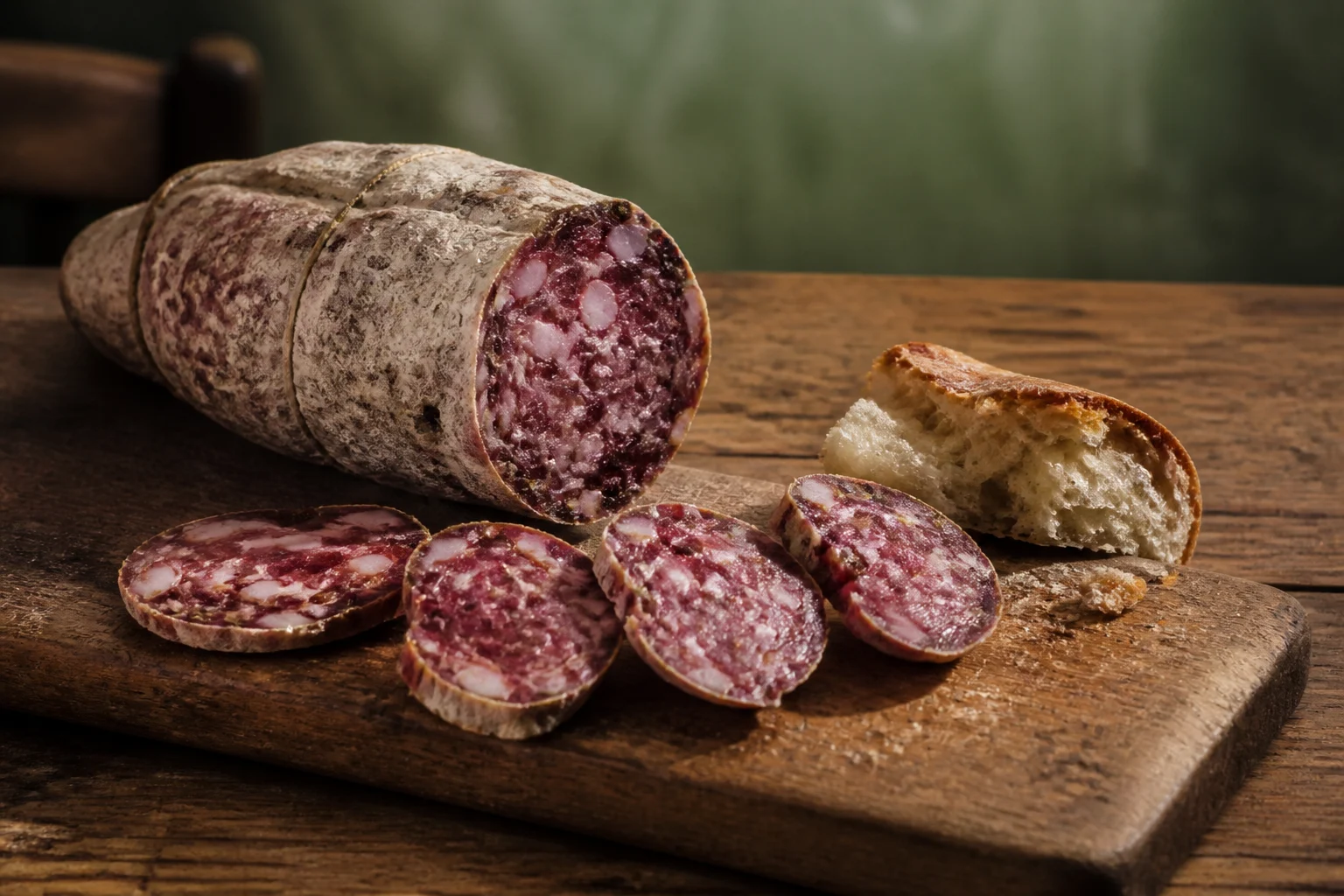 Tranches de soppressata artisanale italienne sur planche en bois