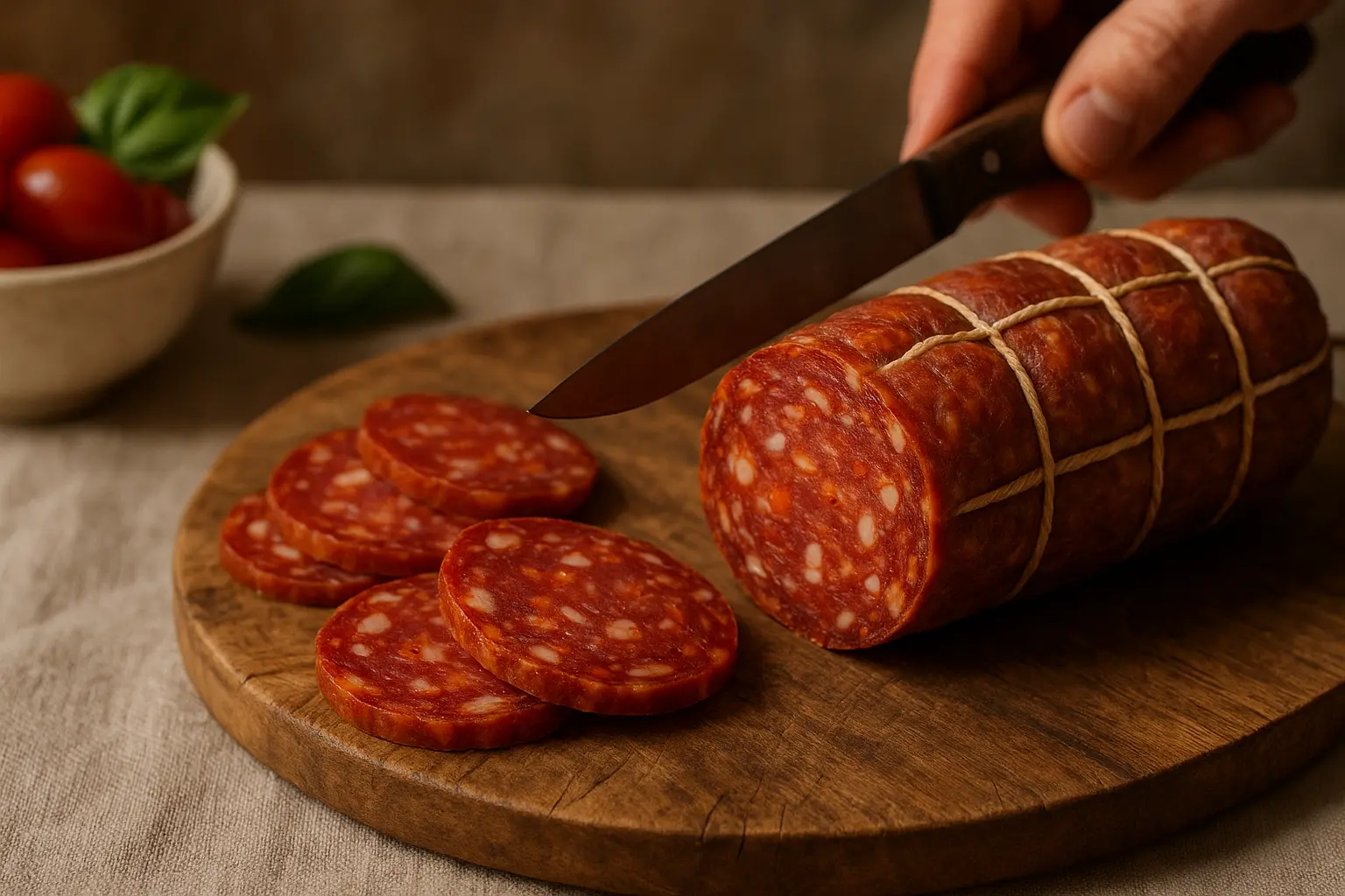 Tranches de soppressata artisanale italienne sur planche en bois