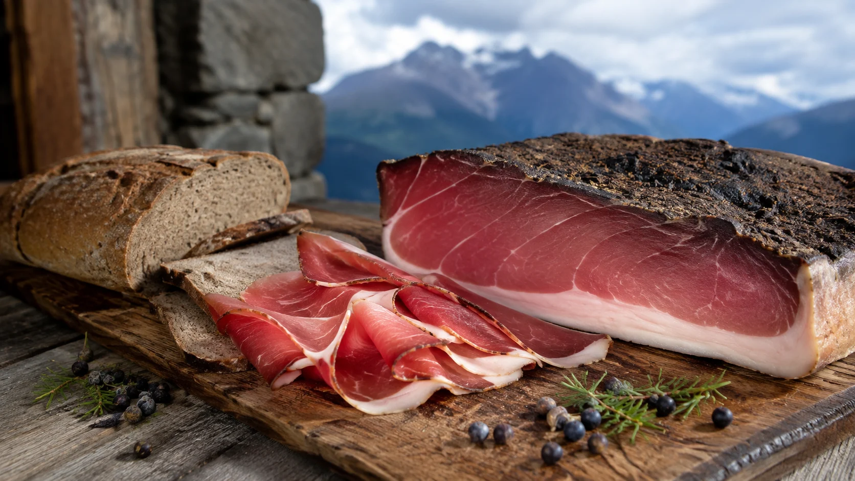 Tranches fines de Speck Alto Adige sur planche en bois avec accompagnements rustiques