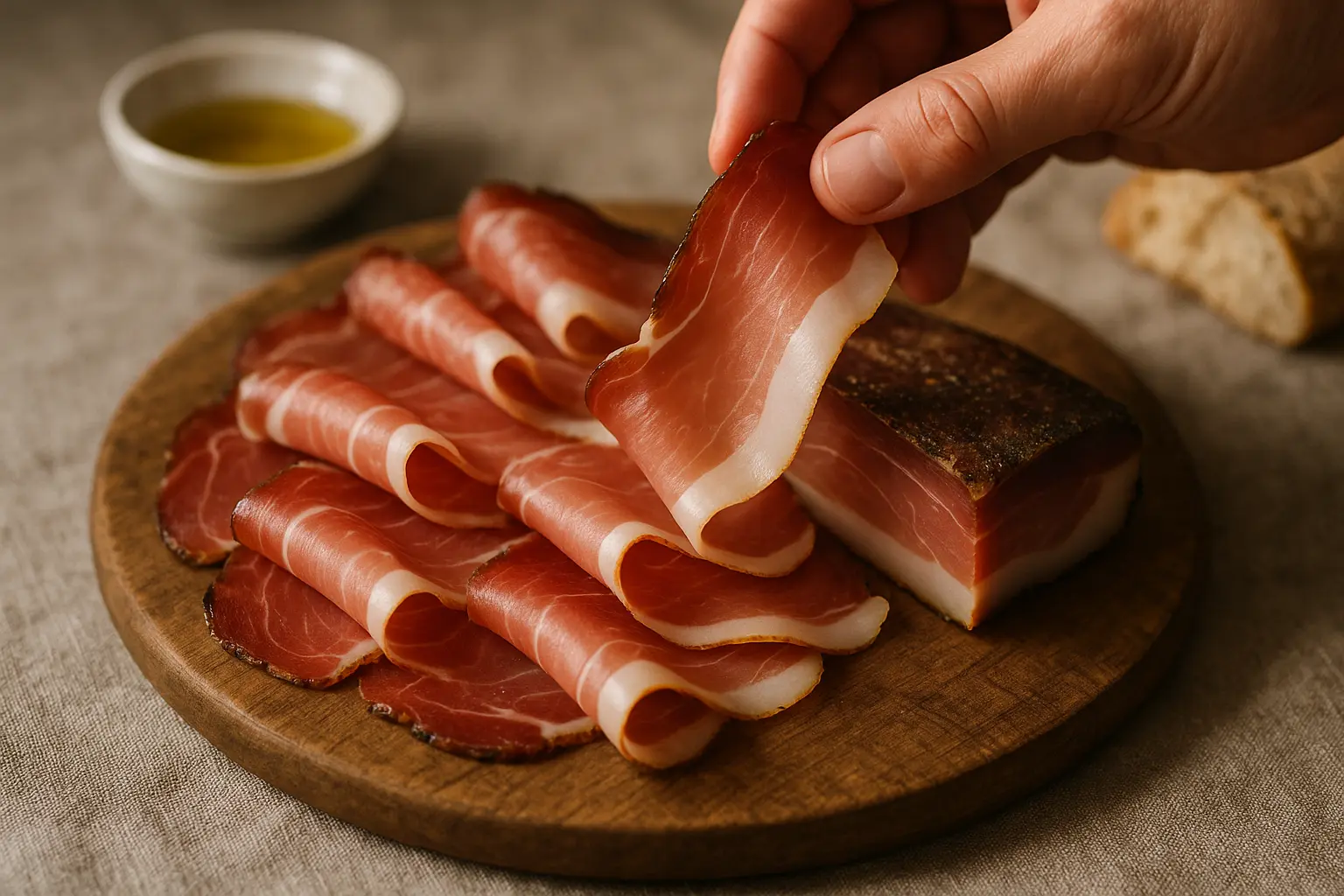 Tranches fines de Speck Alto Adige sur planche en bois avec accompagnements rustiques