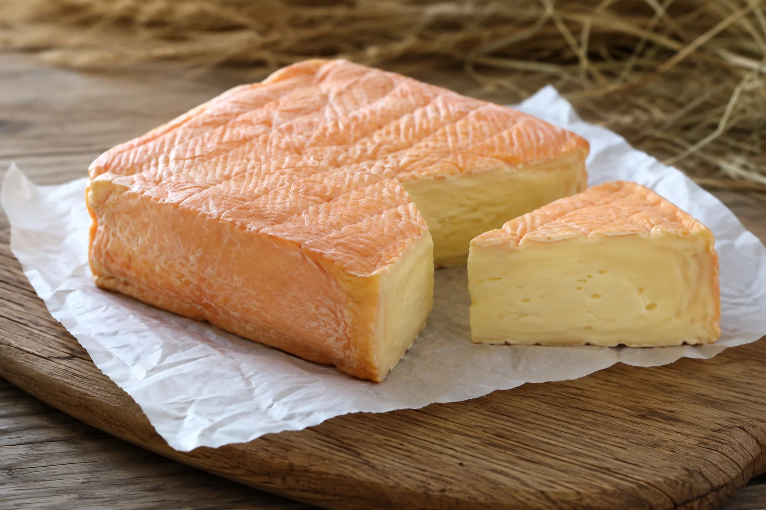 Fromage Taleggio à croûte lavée sur une planche avec polenta