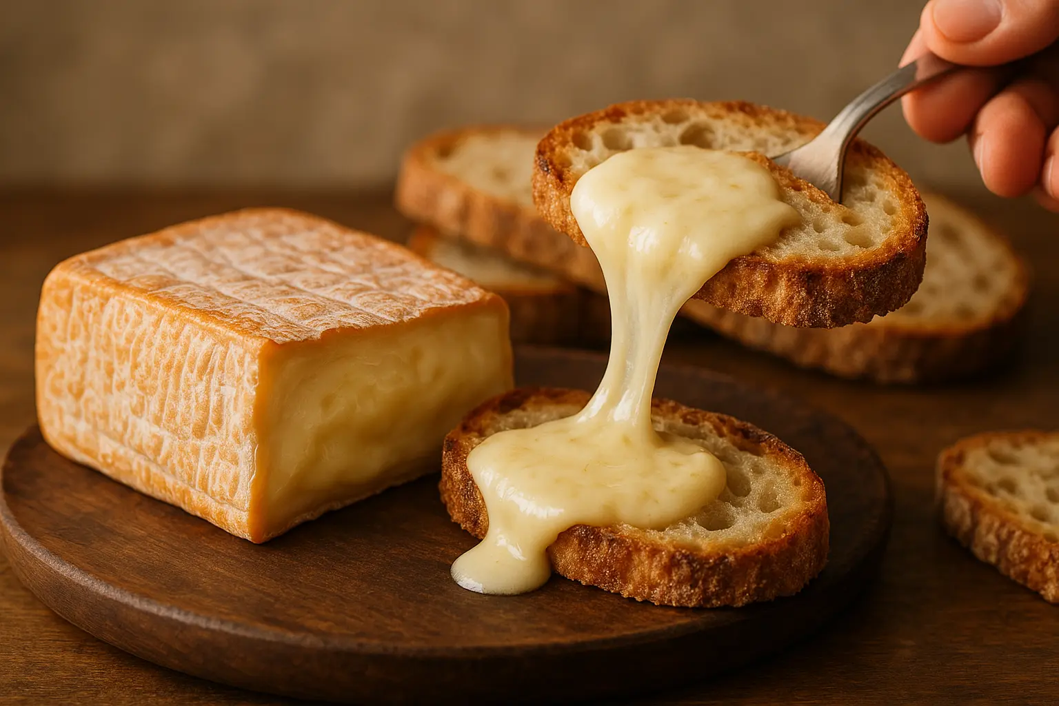Fromage Taleggio à croûte lavée sur une planche avec polenta