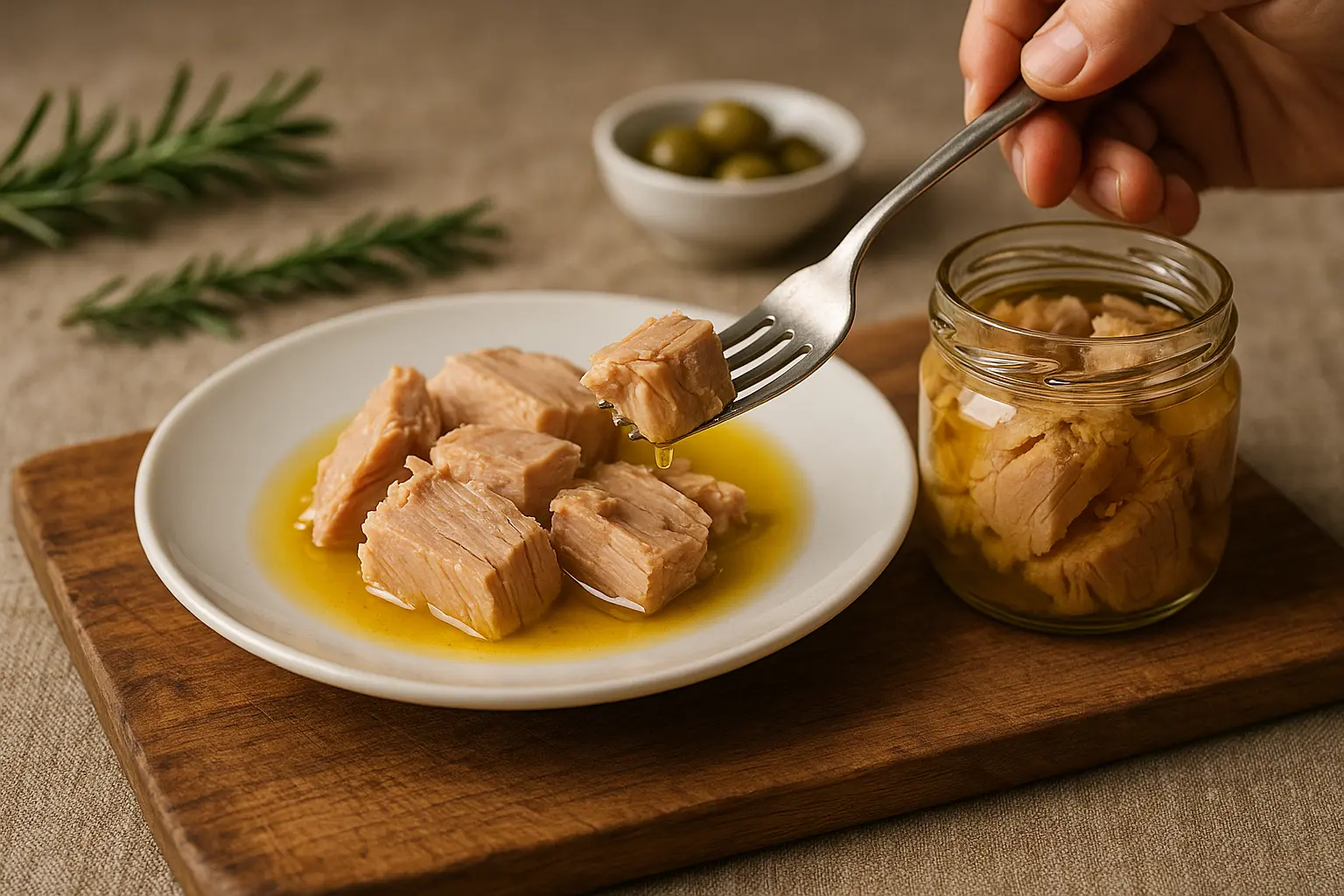 Conserve italienne de thon à l'huile avec morceaux rosés et huile d'olive