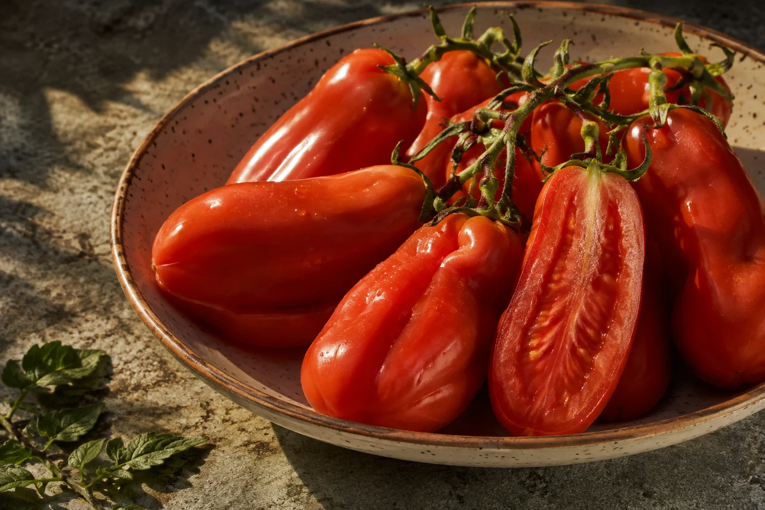 Gros plan sur des tomates San Marzano allongées et rouges posées sur un panier en osier