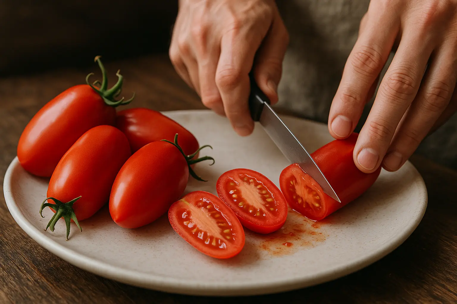 Gros plan sur des tomates San Marzano allongées et rouges posées sur un panier en osier