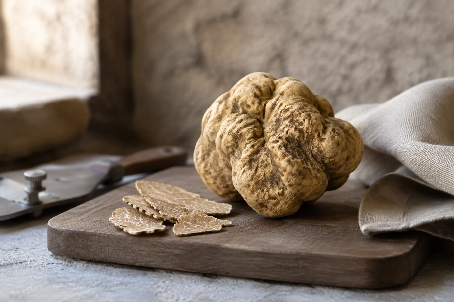 Truffe blanche d'Alba posée sur une planche en bois