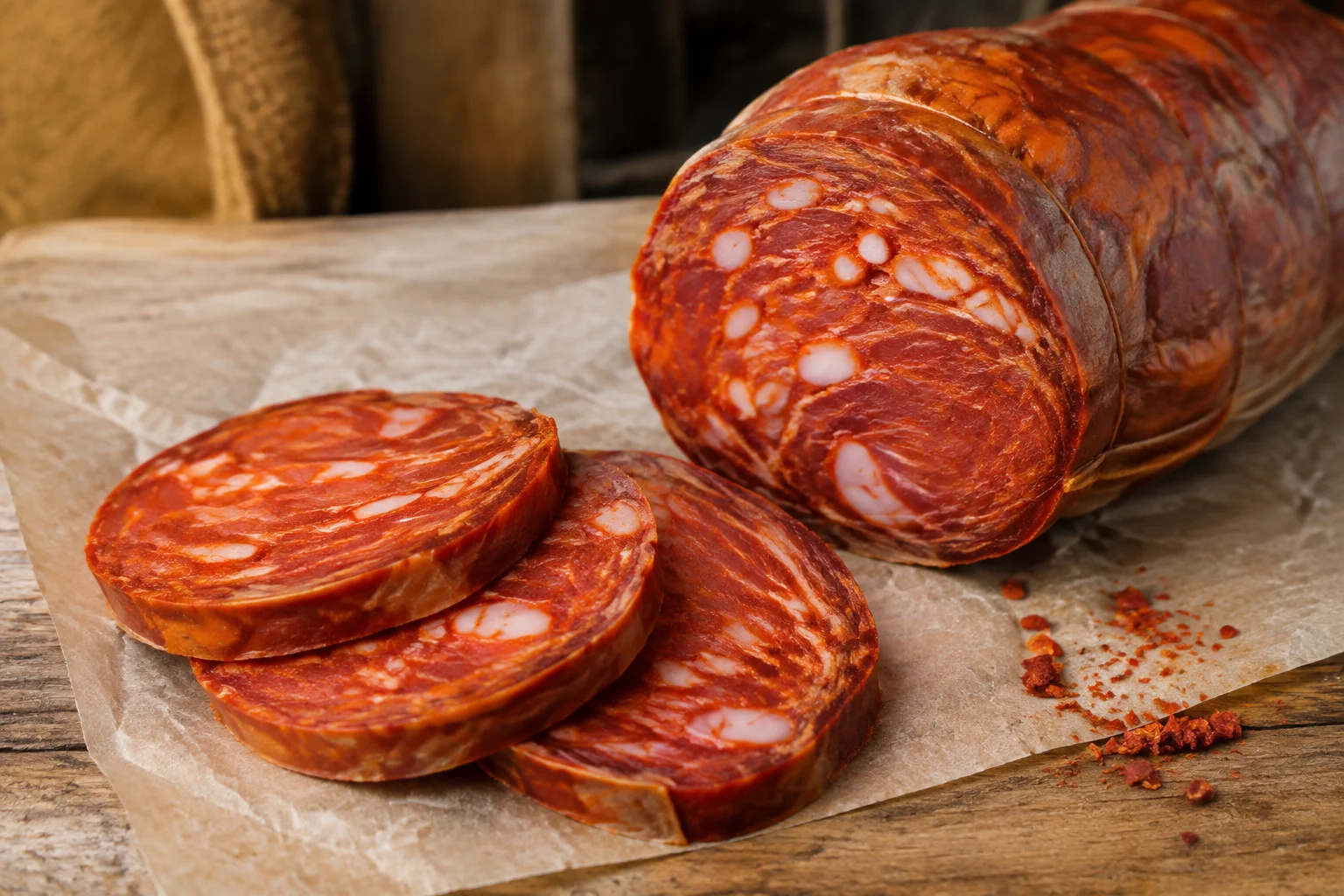 Tranches fines de ventricina italienne sur planche en bois