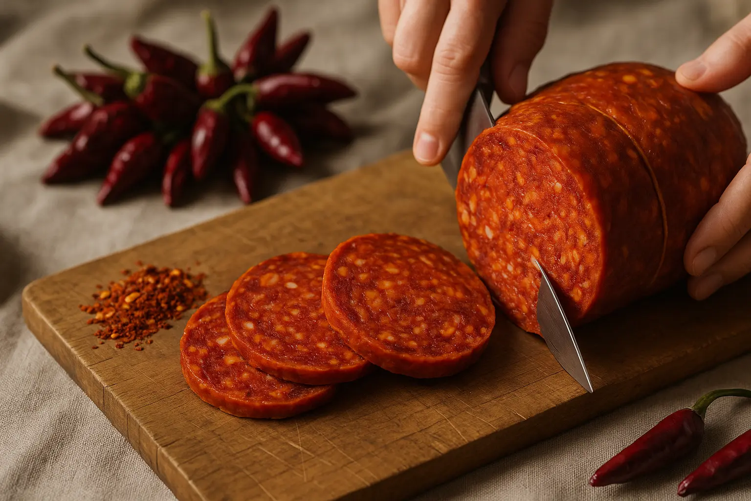 Tranches fines de ventricina italienne sur planche en bois