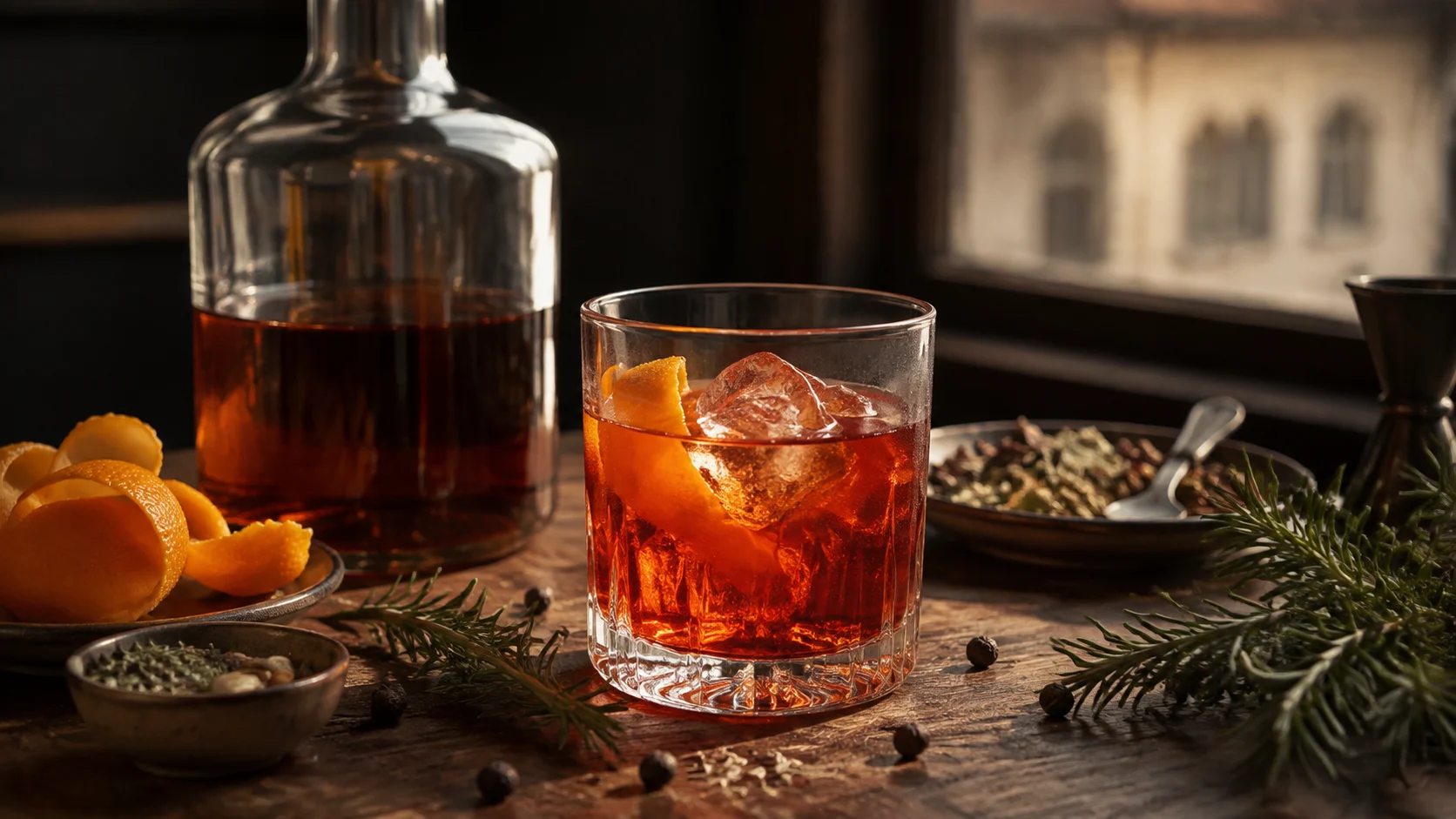 Verre de Vermouth di Torino rouge sur fond bois
