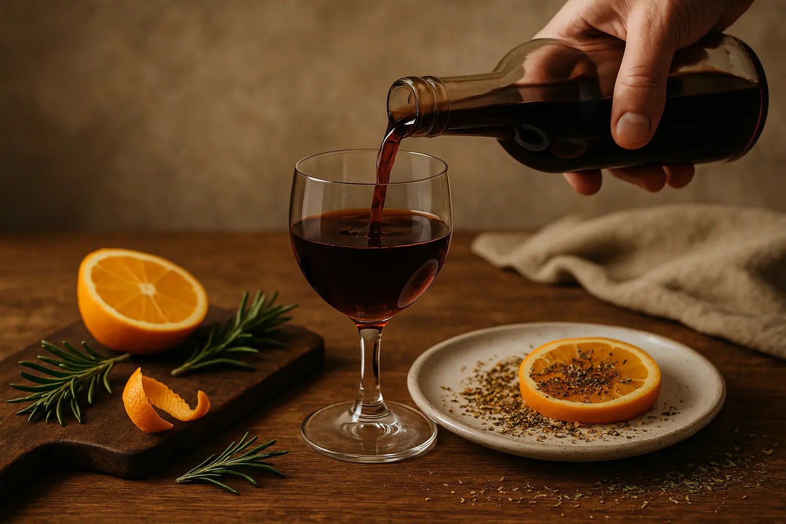 Verre de Vermouth di Torino rouge sur fond bois