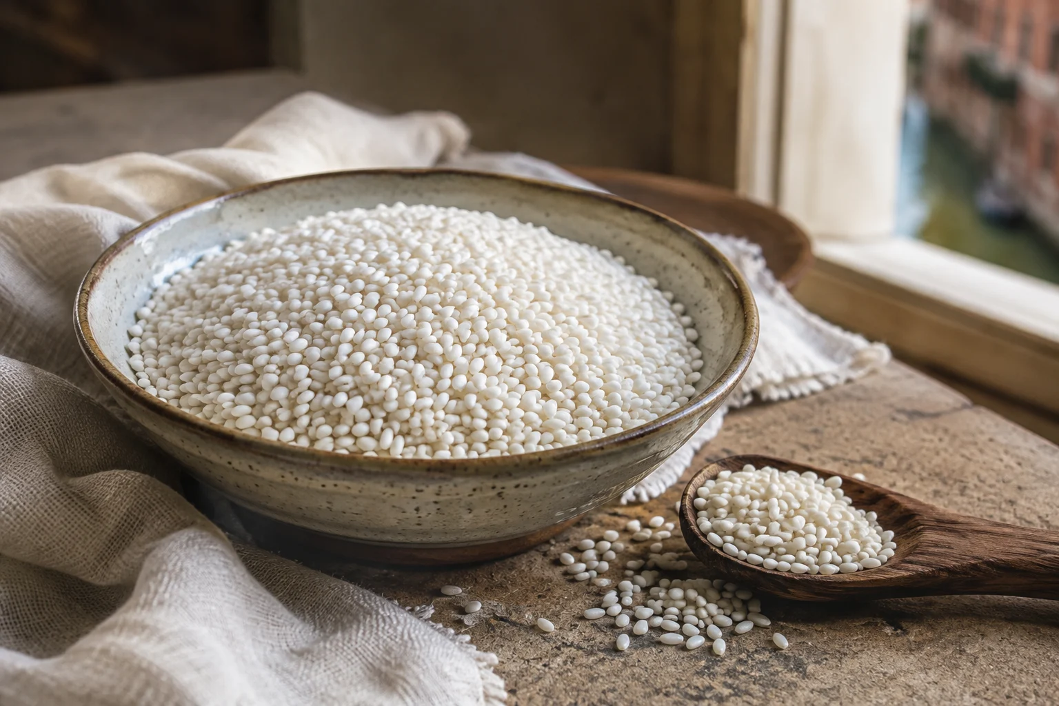 Gros plan sur des grains de riz Vialone Nano dans une coupelle en terre cuite