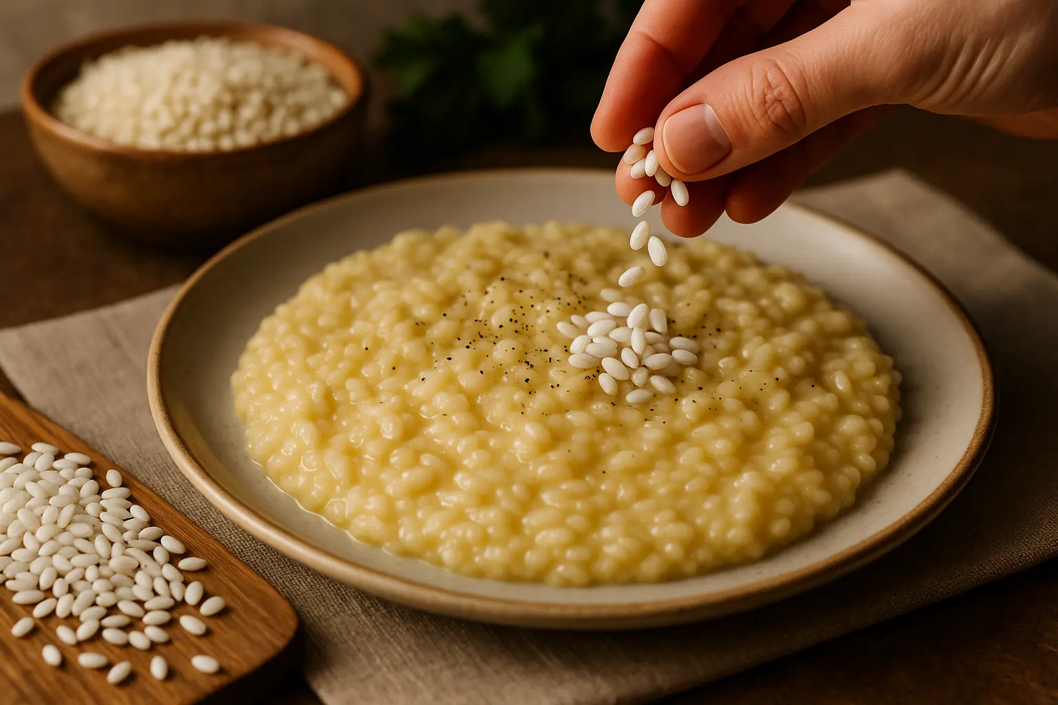 Gros plan sur des grains de riz Vialone Nano dans une coupelle en terre cuite