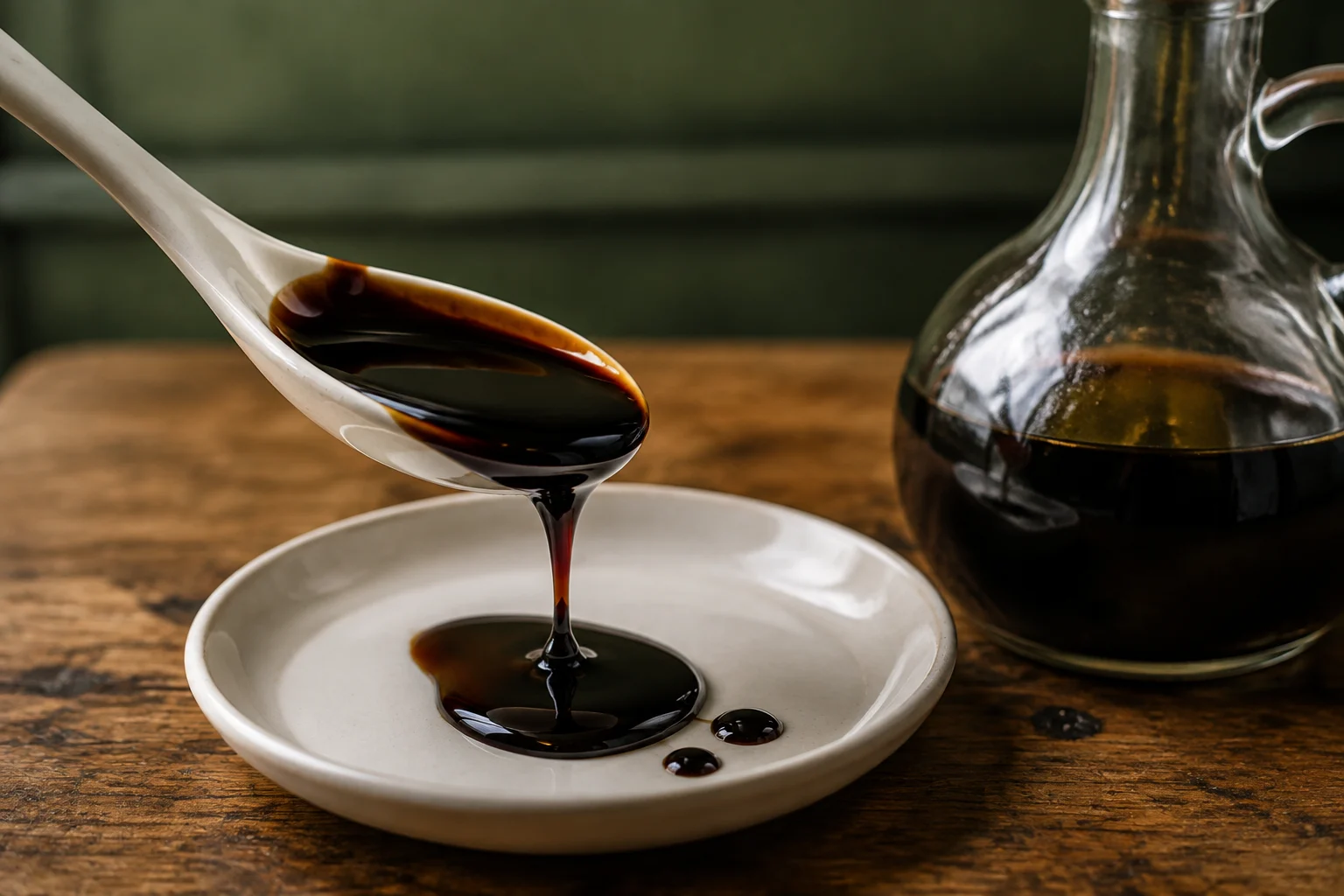 Bouteille de vinaigre balsamique de Modène sur un fond en bois