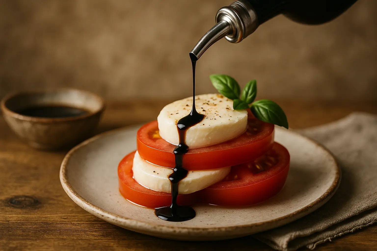 Bouteille de vinaigre balsamique de Modène sur un fond en bois