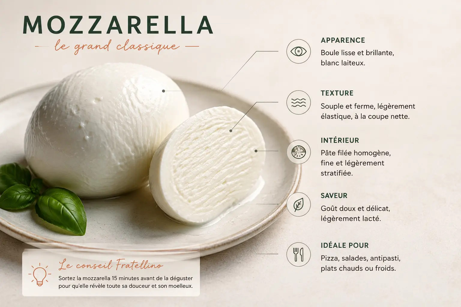 Ilustración detallada de la mozzarella con sus características