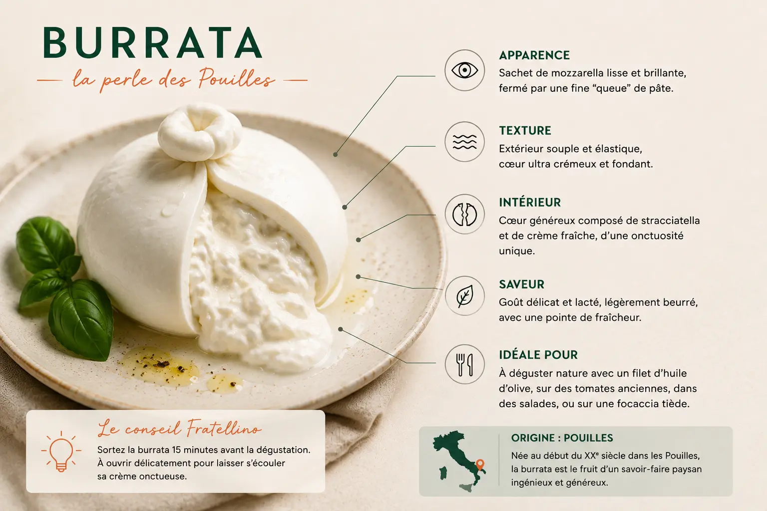 Ilustración detallada de la burrata con sus características