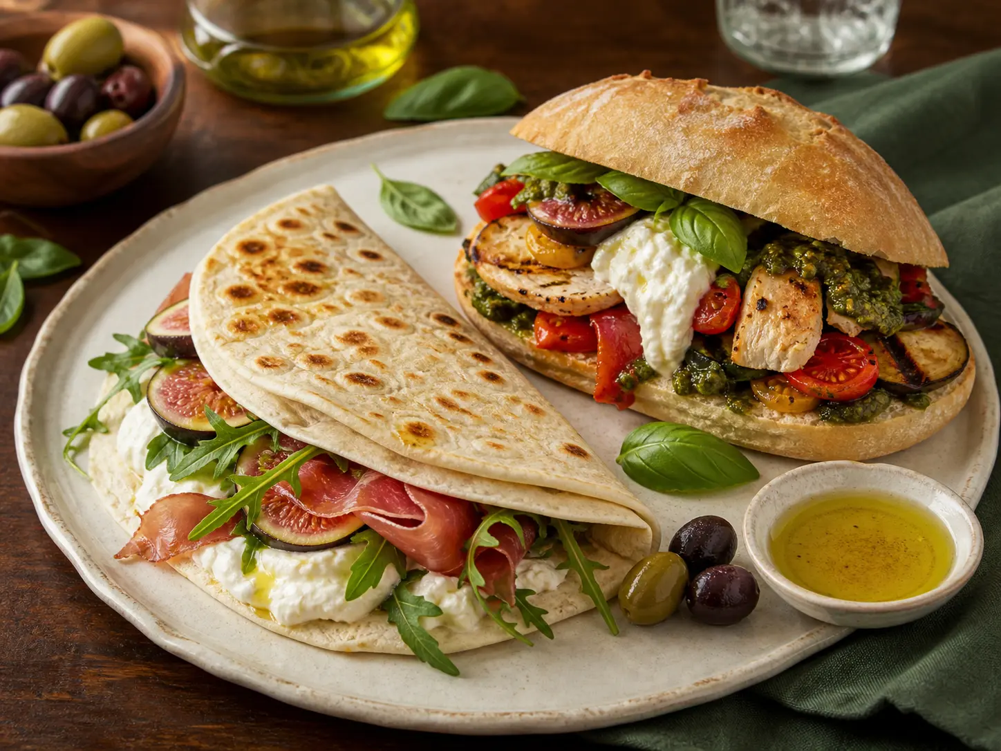 Piadina à la stracciatella et puccia garnie de poulet grillé, burrata, pesto et légumes
